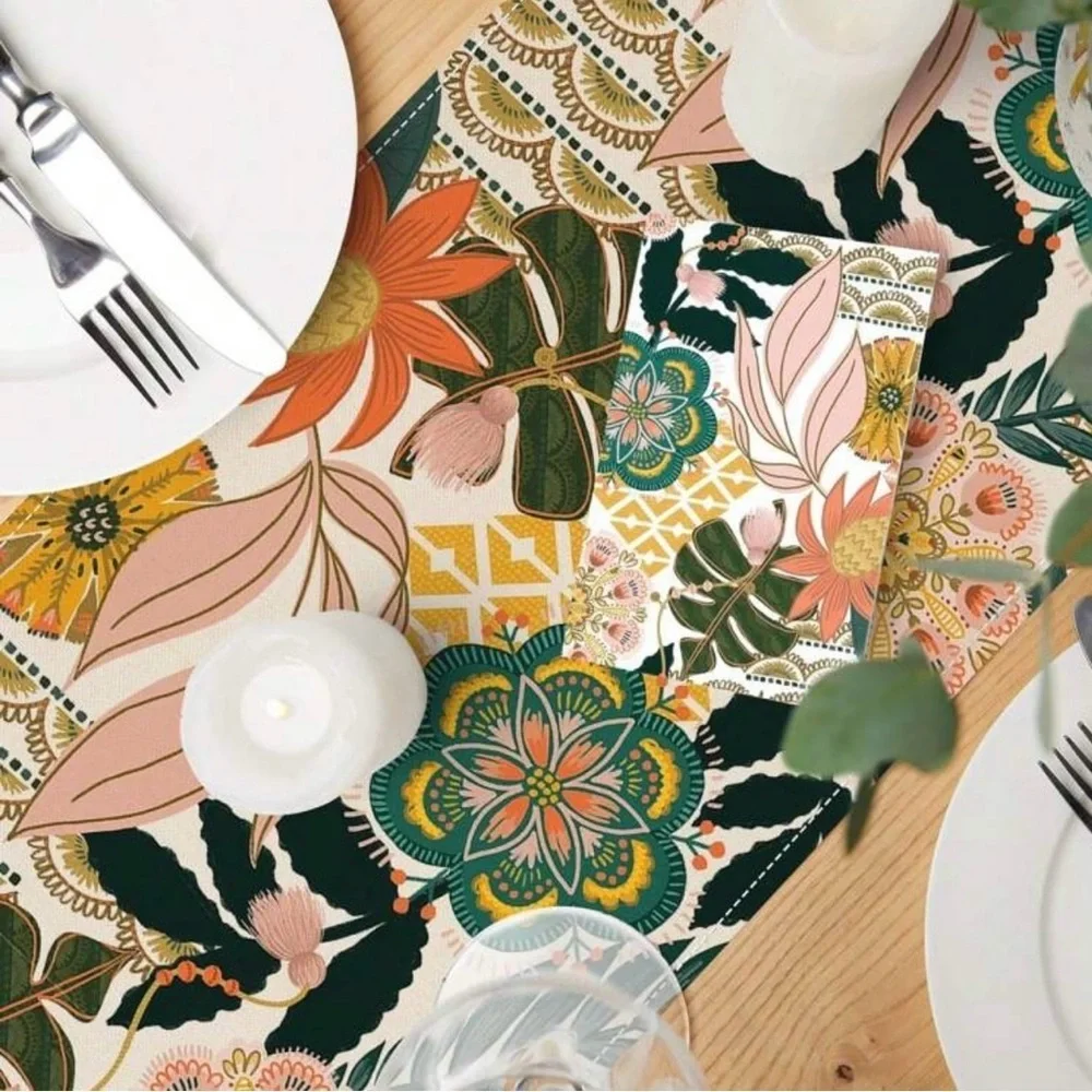 Colorful Floral and Plants Table Runner, 90” long